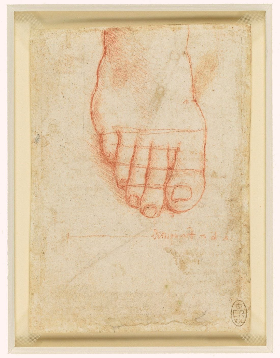 Sketch of right foot with lines of proportion by Leonardo Da Vinci